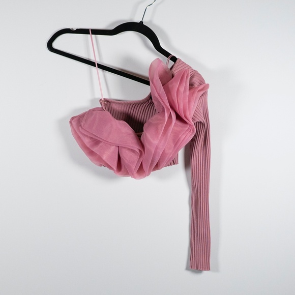Zara Ribbed Knit Stretch Tulle Ruffle Mesh One Shoulder Sleeve Crop Top Mauve S - Picture 1 of 3